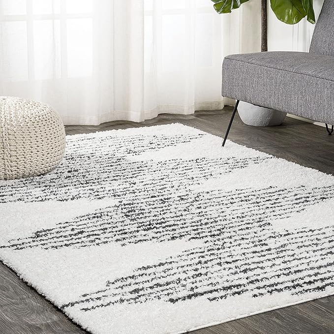 JONATHAN Y Elm Diamond Stripe Shag White/Gray Indoor Area Rug, 8x10, Geometric, Bohemian, Contemporary, Easy-Cleaning for Living Room, Bedroom, Kitchen, Pet Friendly, Non-Shedding (MOH408A-8)