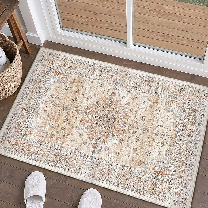 HUGEAR Entryway Machine Washable Area Rugs 2x3 Vintage Orange Small Neutral Style Non Slip Stain Resistant Low Pile Throw Carpet for Hallway Kitchen Retro Aesthetic Modern Decor