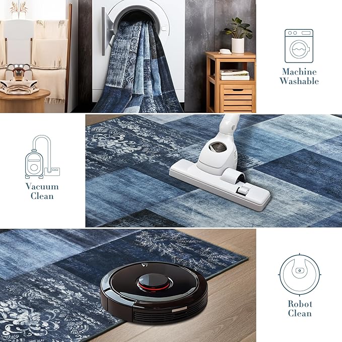 Tepook Modern Area Rug for Living Room, 5x7 Geometric Large Rugs for Bedroom, Washable Patchwork Rug Indoor Non-Slip Throw Carpets for Dining Room Office Farmhouse Home Decor, Blue