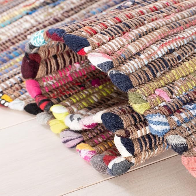 SAFAVIEH Rag Rug, Collection Area Rug - 3' Square, Rust & Multi, Handmade Boho Stripe Cotton, Ideal for High Traffic Areas in Living Room, Bedroom (RAR121E)