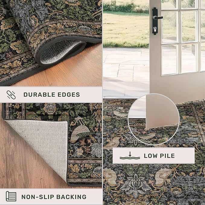 Large Entryway Rugs Indoor - 3x6 Washable Rugs for Kitchen Bedroom Beside Bed Door Mat Indoor Entrance with Moody Woodland Flowers, Non Slip Stain Resistant Low Pile