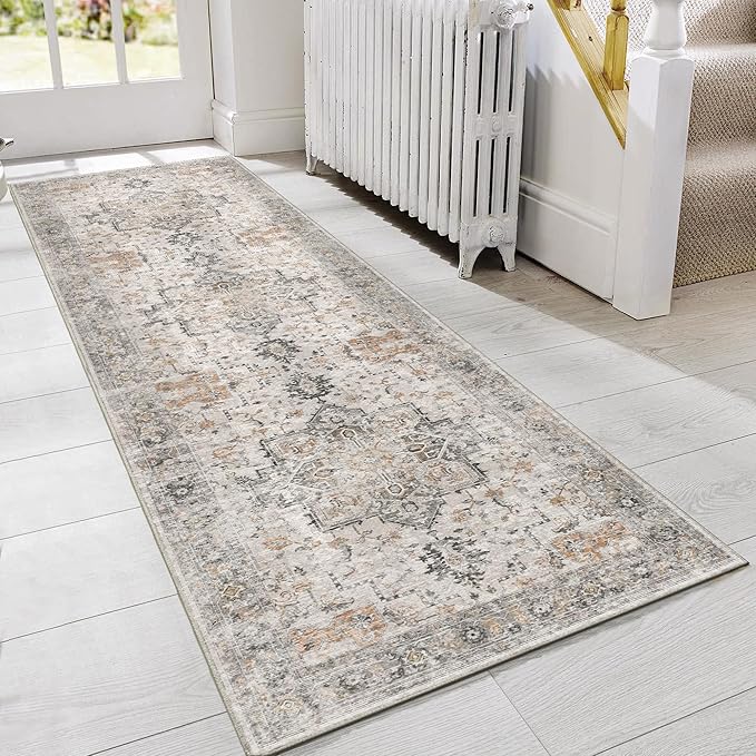 GENIMO Runner Rug 2x6 Non Slip Machine Washable Vintage Hallway Runner Rug, Low PileLightweight Rugs for Entryway, Hallway, Kitchen and Corridor, Light Taupe Brown