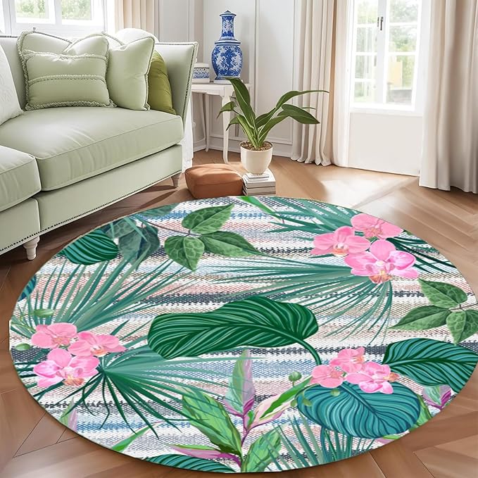 Indoor Outdoor Round Rug 7ft - Blue White Tropical Botanical Pattern, Non-Slip Patio Carpet, Easy-Clean Non-Shedding Rug for Living Room, Kitchen, Garden, Indoor Shower Mat