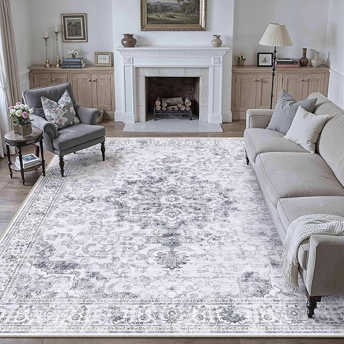 HUGEAR Washable 6x9 Area Rugs Retro Grey Living Room Bedroom Rug Vintage Distressed Non Slip Stain Resistant Low Pile Neutral Throw Carpet for Home Decor