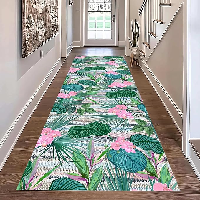 Tropical Runner Rug 2x6 ft - Floral & Leaf Print, Pink Flowers & Greenery - Non-Slip Easy Clean - Hallway, Living Room, Bedroom - Bohemian Watercolor Style