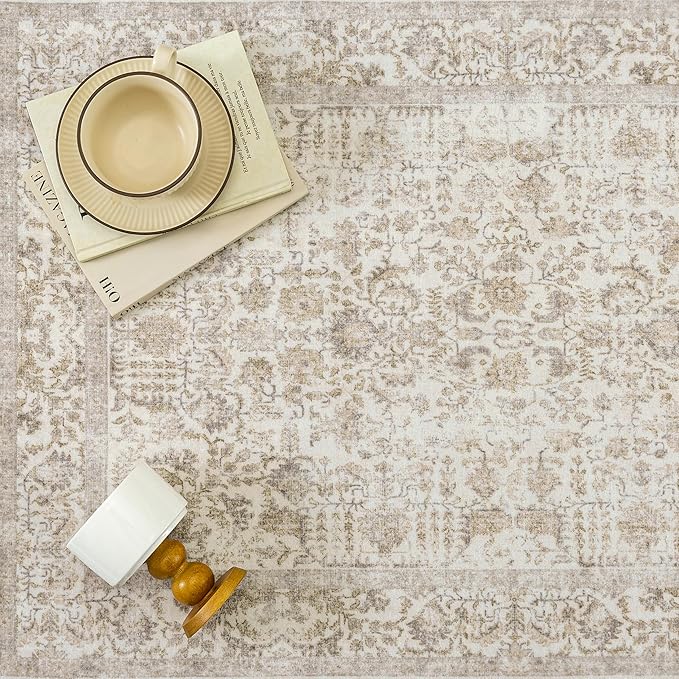 Light Brown Area Rug 8x10 Machine Washable Large Vintage Living Room Distressed Non Slip Carpet Traditional Indoor Bedroom Retro Floral Accent Throw Rug for Office Kitchen Dining Room