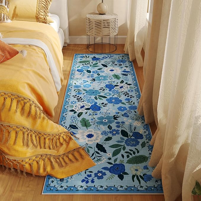 Rugcomf Runner Rug for Hallways Kitchen Rug Non Slip 2'6''x8' Washable Runner Rugs with Rubber Backing Soft Floral Carpet Runner for Hallways, Kitchen, Laundry, Bedroom, Bathroom(Blue)