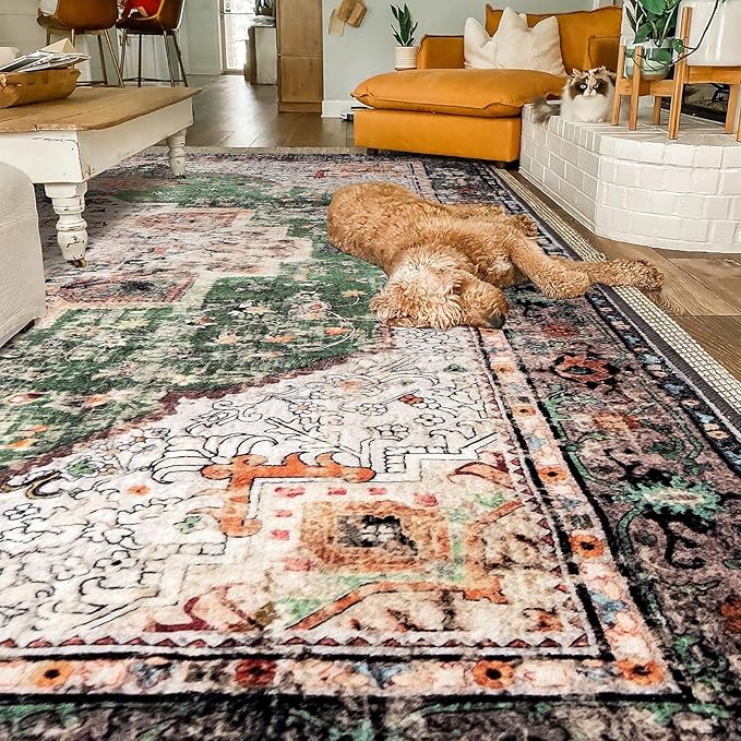 8x10 Area Rug - Green Boho Washable Vintage Low Pile Non-Slip Large Rug for Living Room, Bedroom & Dining Room