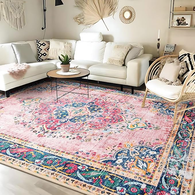 8x10 Area Rugs for Living Room Pink Boho Rug Vintage Rug Non-Slip Washable Low Pile Foldable Large Rugs for Bedroom Dining Room Indoor Floor Carpet