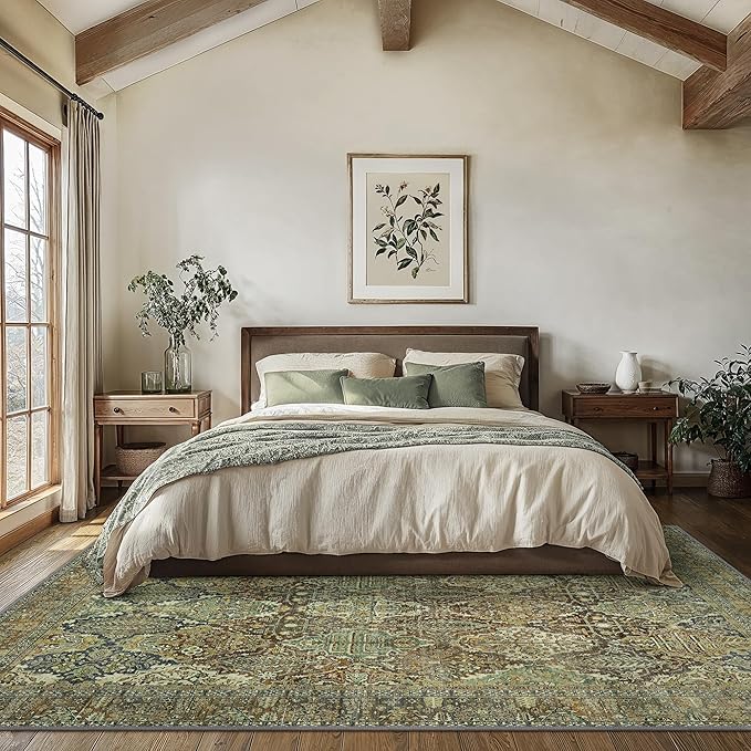 Bavni Area Rug 3X5, Aesthetic Rugs for Living Room, Non Shedding Non Slip Machine Washable Carpet for Office Dorm, Floral Vintage Chenille Rugs for Bedroom, Sage Green