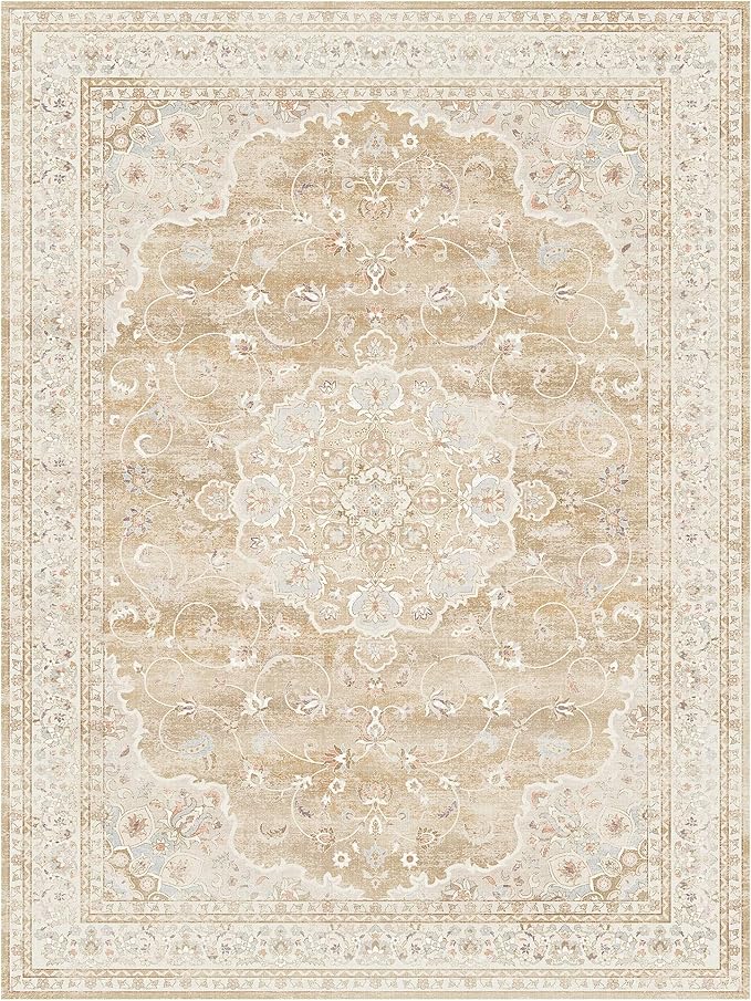 HUGEAR Machine Washable Area Rugs 8x10 Vintage Beige Brown Living Room Bedroom Rug Neutral Style Non Slip Stain Resistant Low Pile Throw Carpet for Home Retro Aesthetic Modern Decor