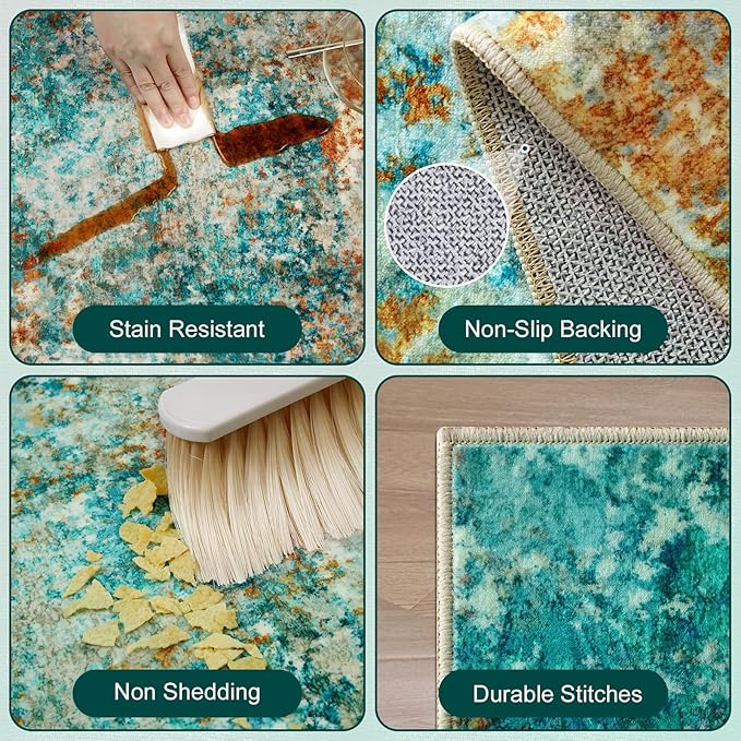 Washable Area Rug 5x7 - Neutral Modern Abstract Rugs, Soft Non Slip Thin Carpet with for Bedroom, Under Dining Room Table, Home, Office, Dorm, Office Rolling Chair - Teal Brick