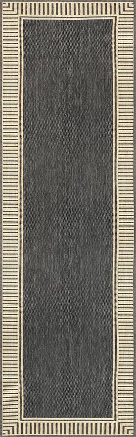 Nuloom Asha Dark Grey/Ivory, 2' x 8', Casual, Striped Border, Soft and Cozy, High Traffic, Stain Resistant, Easy Clean, Durable Runner for Indoor/Outdoor Patio, Deck, Porch, Garden, Courtyard