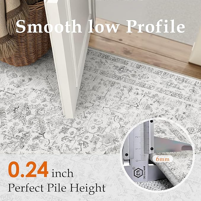 Grey 5x7 Area Rug Vintage Washable Living Room Carpet Non Slip Bedroom Indoor Office Low Pile Traditional Distressed Retro Accent Rug for Dining Room Bathroom Kitchen