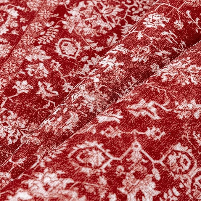 Christmas Area Rug 2x3 Red Washable Entryway Non Slip Small Carpet Holiday Door Mat Vintage Distressed Floral Accent Rug Low Pile Soft Thin Xmas Doormat for Bathroom Laundry Kitchen