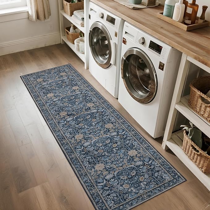 Washable Runner Rug 2x6: Vintage Boho Floral Carpet Runners for Hallway Entryway Non-Slip - Soft Botanical Low Pile Thin Mat for Kitchen Bathroom Bedroom Laundry Floor Decor - Slate Blue
