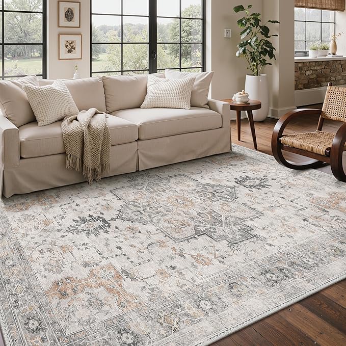 Bavni Washable Rug 5x7 Area Rug for Living Room Bedroom Dining, Washable Vintage Print Carpet, Ultra-Thin Low Pile Lightweight Rug with Non Slip Backing, Light Taupe Brown