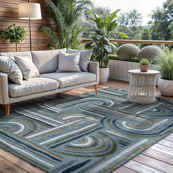 CAMILSON Indoor Outdoor Rug, Aqua 5x7 Geometric Arch Striped Area Rugs for Patio and Home Areas, Easy-Cleaning Non-Shedding Living Room, Garden and Deck Washable Outside Carpet (5 x 7)