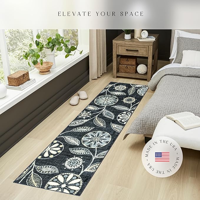 Maples Rugs Reggie Floral Runner Rug - Made in USA - Washable, Non Slip Indoor Carpet for Kitchen, Hallway, and Laundry Room, 2' x 7', Persian Blue