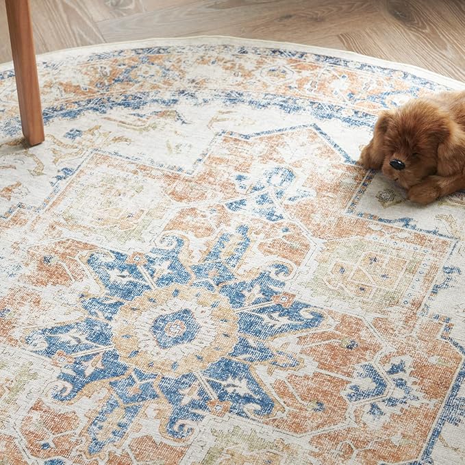 jinchan Round Rug 8ft Washable Area Rug Indoor Vintage Bedroom Floor Cover Distressed Circle Mat 8' Round Lightweight Non Slip Low Pile Thin Farmhouse Carpet for Living Room Dining Room Orange