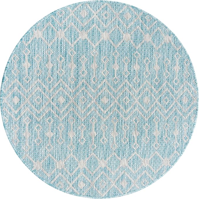 Unique Loom Outdoor Trellis Collection Area Rug - Tribal Trellis (3' 3" Round, Aqua/ Ivory)