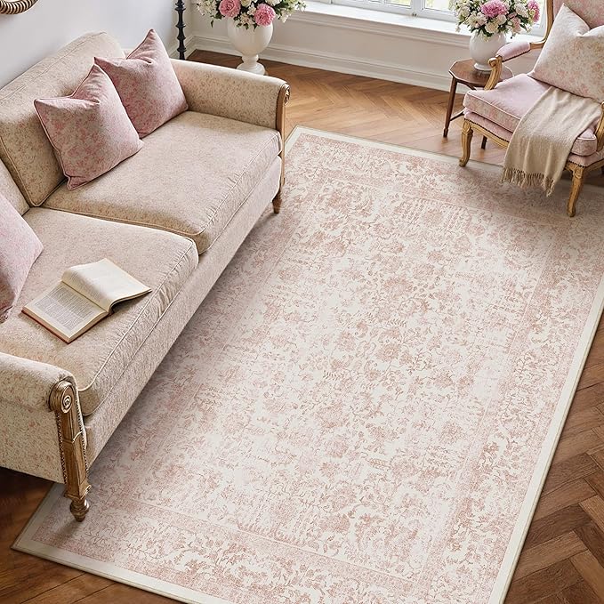 Pink Area Rug 5x8 Machine Washable Vintage Living Room Distressed Non Slip Carpet Traditional Indoor Bedroom Retro Floral Accent Throw Large Rug Office Kitchen Bathroom Dining Room