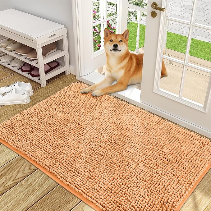 OLANLY Dog Door Mat for Muddy Paws 48x30, Absorbs Moisture and Dirt, Absorbent Non-Slip Washable Doormat, Quick Dry Chenille Mud Mat for Dogs, Entry Indoor Entryway Carpet for Inside Floor, Orange