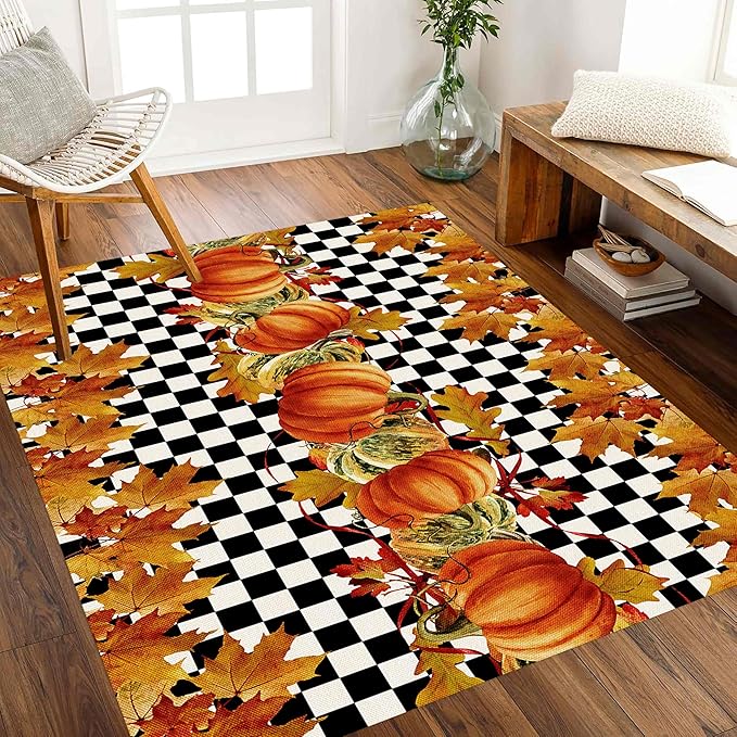 Pumpkin Area Rugs, 3x4ft, Fallen Leaves Autumn Harvest Pumpkins Black and White Checkered Rug, Ultra-Thin Rubber Non Slip Geometric Carpet for Living Room Playroom