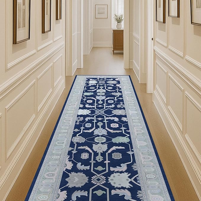 Fame Living Navy Blue Oushak Rug, Modern Rugs, Vintage, Turkish, Eclectic, Floral, Pastel, Washable, Small Throw, Accent Area Rug for Living Room, Bedroom, Kitchen, Bathroom, 2'5"x4'9