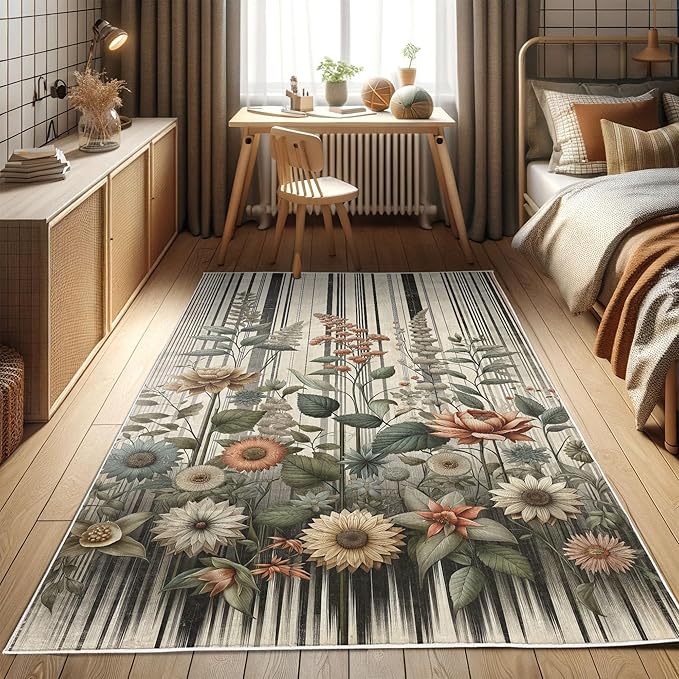 Ambesonne Botanical Decorative Rug, Nostalgic Garden Pattern with Flowers and Leaves on Retro Stripes, Quality Carpet for Bedroom Dorm and Living Room, 5' 1" X 7' 5", Sage Green and Salmon