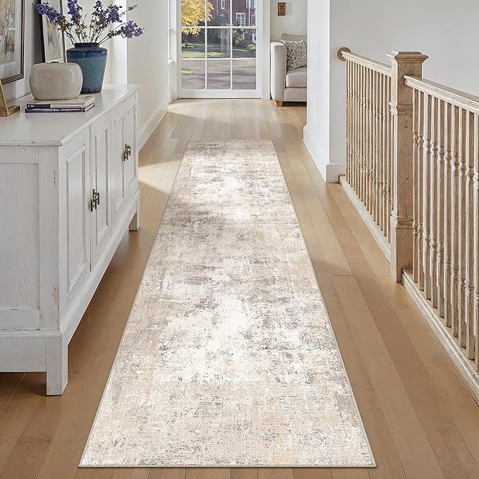 3x12 Washable Runner Rug Beige Grey Abstract Hallway Kitchen Throw Rug Neutral Modern Non Slip Soft Low Pile Carpet for Bathroom Laundry Bedroom Living Room