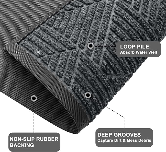 Kitinjoy Front Door Mat Outside Entrance, Sturdy Natural Dirt Trapper, Heavy Duty Rubber Doormat, Low Profile Non-Slip Backing, Easy Clean Floor Mat for Indoor Outdoor Entry, 35X23 Inch, Grey