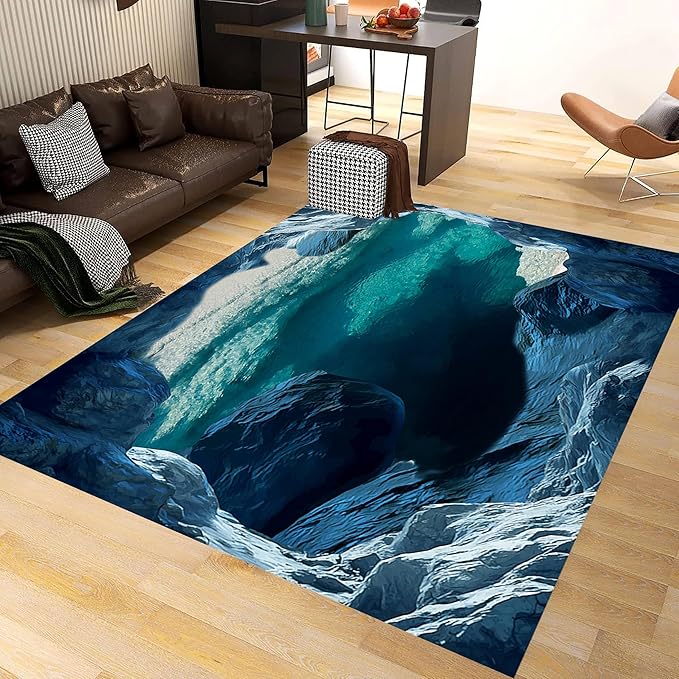 Blue Cave 3D Rugs for Bedroom, 5x8ft, Illusion Natural Landscape Blue Water Pool Entryway Rug, Rubber Backed Non Skid Low Pile Carpet，Foldable Soft No Crease Mats for Sofa Indoor
