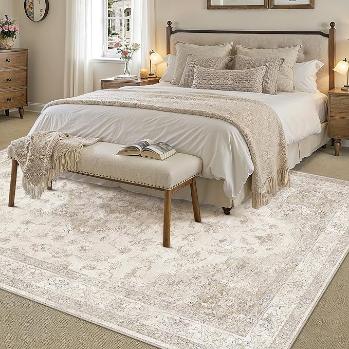 Beige Area Rug 5x7 Washable Vintage Carpet for Living Room Office Soft Retro Low Pile Thin Indoor Rug Non Slip Oriental Medallion Floor Cover for Bedroom Dining Room