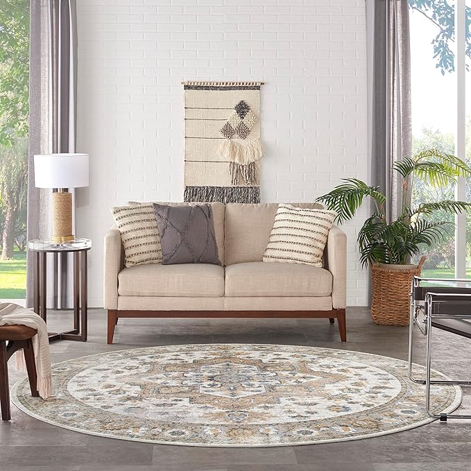 Nourison Home Astra Machine Washable Beige 7'10" x Round Area Rug - Easy Clean, Non Shedding, Bed Room, Living Room, Dining Room, Kitchen (8' x Round)