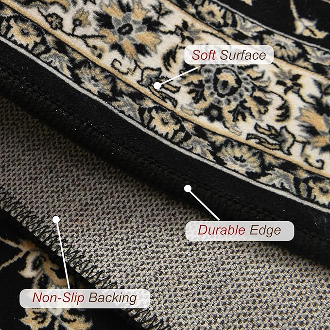 XWZO Washable Hallway Runner Rug 2x8ft — Non-Slip Low Pile Area Rug with Rubber Backing, Spill Resistant Soft Flower Floor Carpet Runner for Kitchen Entryway Doorway Bedroom Corridor, Black