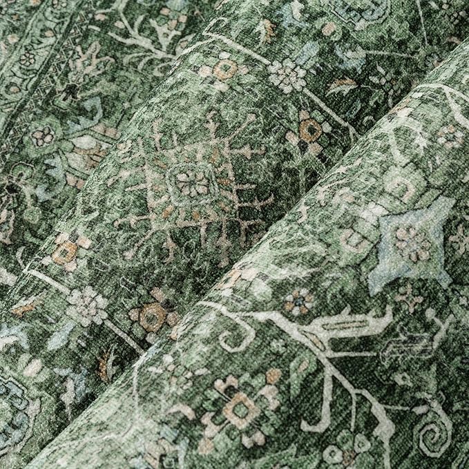 Green Area Rug 3x5 Washable Office Entryway Carpet Soft Vintage Indoor Kitchen Living Room Door Mat Traditional Retro Distressed Thicker Throw Small Rug Bedroom Dining Room Bathroom