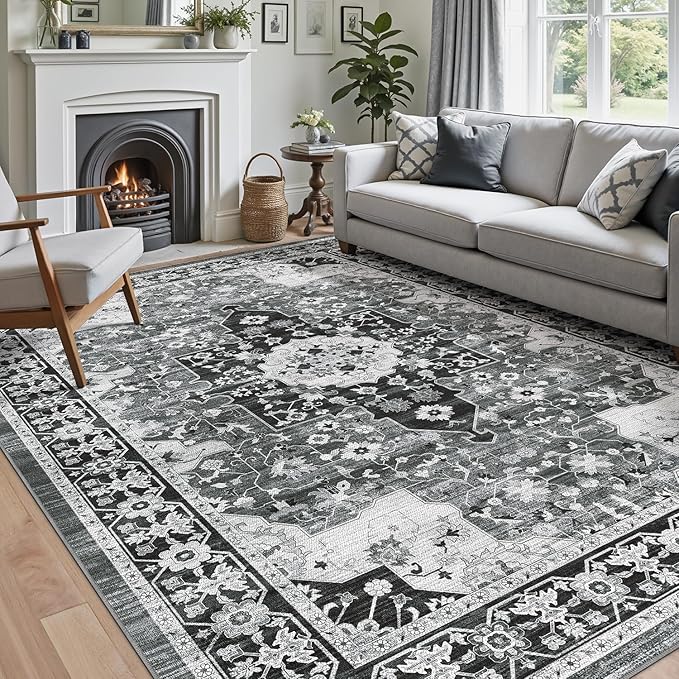 DEXI 6x9 Area Rug for Living Room, Washable Vintage Farmhouse Thin Rug Indoor Floor, Non Slip Stain Resistant Low Pile Carpet for Dining Room Bedroom Office, White Grey