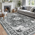 DEXI 10x14 Area Rug for Living Room, Washable Vintage Farmhouse Thin Rug Indoor Floor, Non Slip Stain Resistant Low Pile Carpet for Dining Room Bedroom Office, White Grey