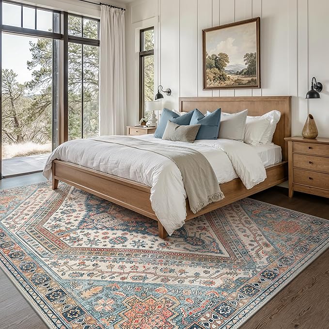 Bavni Washable Rug 8x10 Area Rug for Living Room Bedroom Dining, Washable Vintage Print Carpet, Ultra-Thin Chenille Low Pile Lightweight Rug with Non Slip Backing, Blue/Orange
