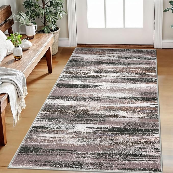 Modern Abstract Small Area Rug Indoor, Dark Light Brown White 3x5 Washable Rug Non-Slip Soft Entryway Rug Kitchen Mats Thin Print Faux Wool Floor Carpet Throw Rugs for Entrance Bedroom