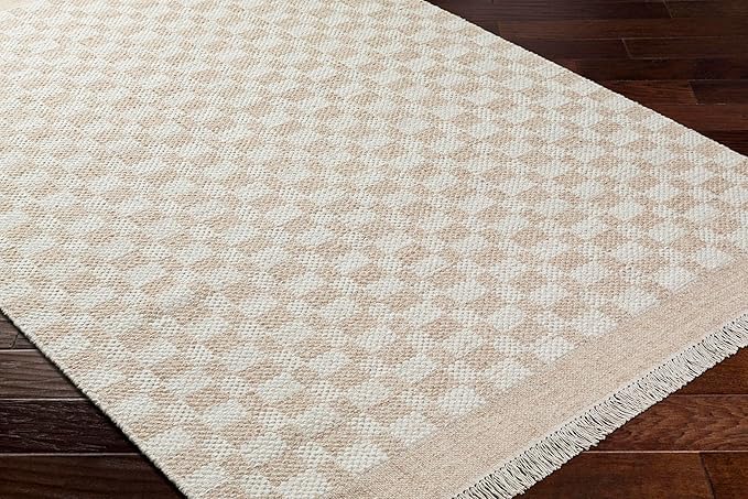 Mark&Day Wool Rugs, 5x8 Clinten Solid and Border Tan Checkered Rug, Tan Ivory Carpet for Living Room, Bedroom or Kitchen (5' x 7'6")