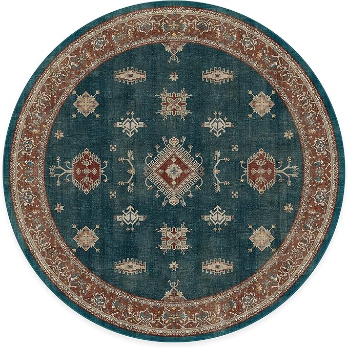 RUGGABLE Washable Vintage Area Rug – Verena Teal Blue 8 ft Round, Stain-Resistant, Non-Slip – Large Machine Washable Rugs for Living Room, Bedroom, Hallway, Entryway & Office–with Standard Pad
