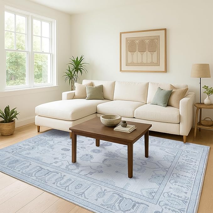 Beige Oushak Rug, Modern, Vintage, Turkish, Eclectic, Floral, Pastel, Washable, Extra Large Area Rugs for Living Room, Dining, Bedroom, Lounge, 9'x12'