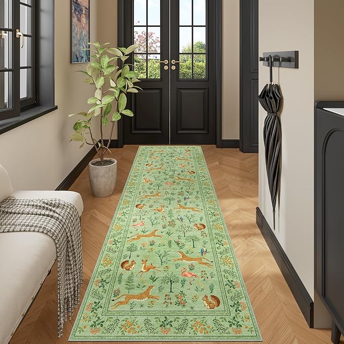 DUKINO 2x6 Rug for Hallway, Washable Kitchen Runner Rug with Non Slip Backing, Soft Low Pile Vintage Animal Runner for Bedroom, Kitchen, Hallway, Entryway, Laundry, Light Green