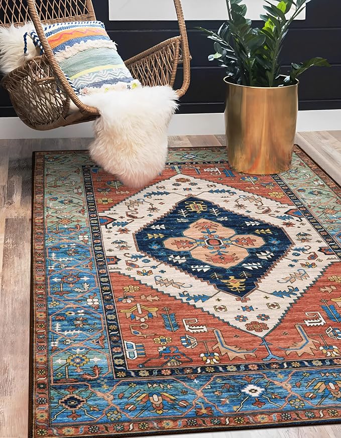 Lahome Boho Rugs for Living Room - 4x6 Area Rug Machine Washable Bedroom Rugs Non-Slip Low-Pile Entryway Carpet Throw Oriental Distressed Kitchen Indoor Floor Carpet for Dining Room Bathroom Office