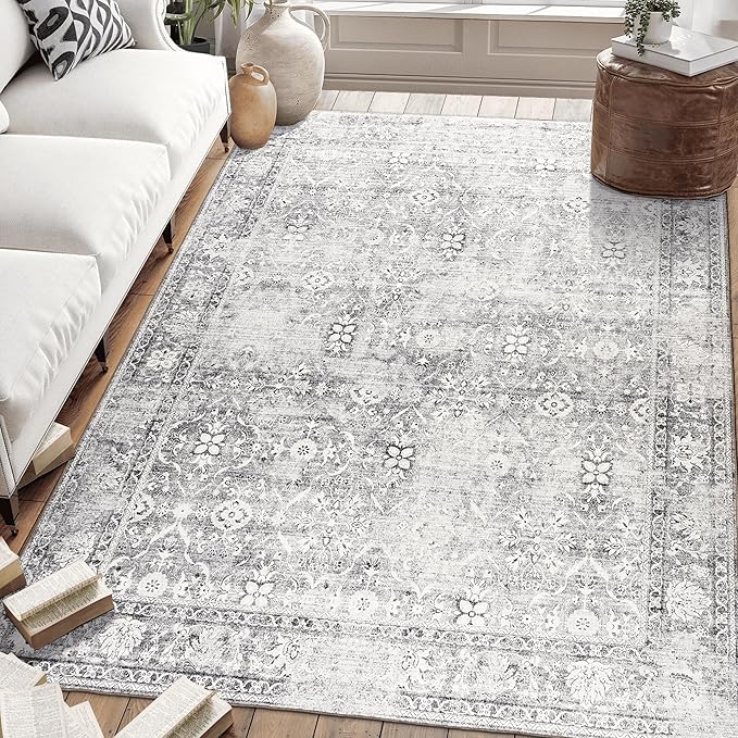 ReaLife Rugs Machine Washable Area Rug - Living Room Bedroom Bathroom Kitchen Entryway Office - Padded Low Pile Stain Resistant Premium - Boho Farmhouse Vintage - Noor - Silver Ivory 4' x 6'