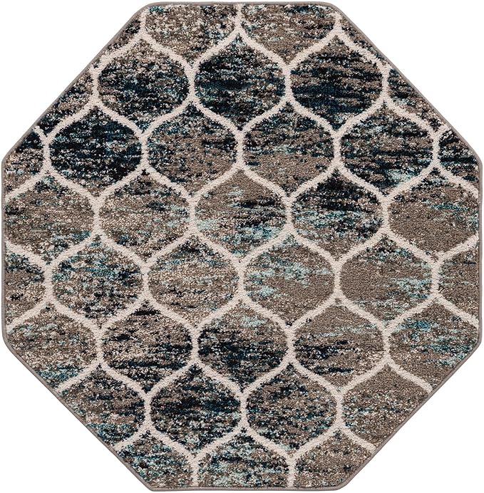 Rugs.com Lattice Frieze Collection Rug – 4 Ft Octagon Blue Multi Medium-Pile Rug Perfect for Living Rooms, Kitchens, Entryways