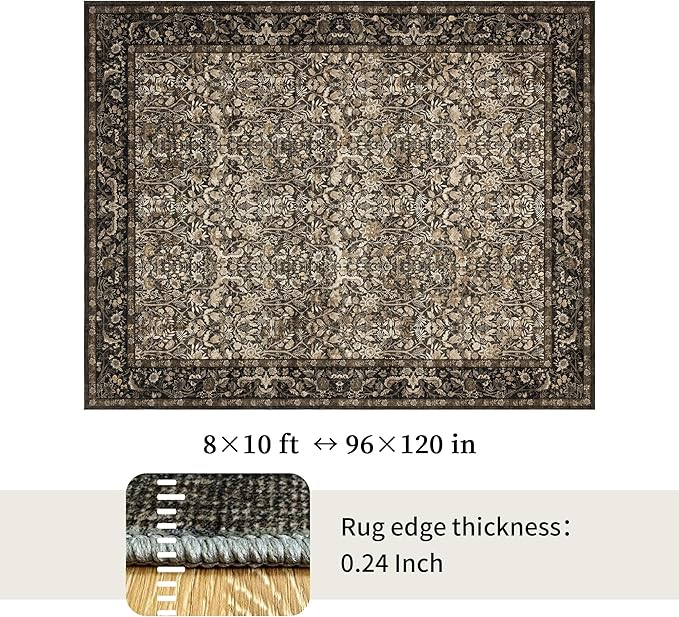 Washable Living Room Rug: 8x10 Boho Floral Soft Area Rug for Bedroom Decor - Vintage Low Pile Thin Carpet for Dining Room Non-Slip - Farmhouse Stain Resistant Rugs - Dark Brown