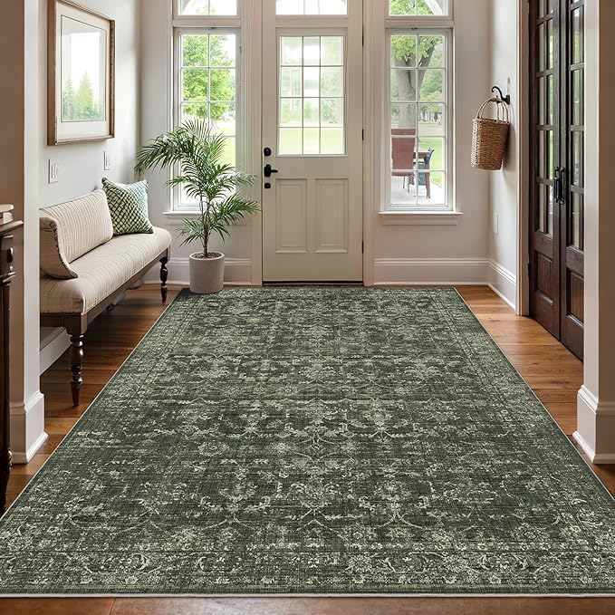 Washable Area Rug 5x7 Green Rugs for Living Room, Vintage Boho Large Rug for Bedroom Dining Room Office, Distressed Floral Print Carpet for Under Table, Soft Non Slip Low Pile Throw Carpet Indoor Mat